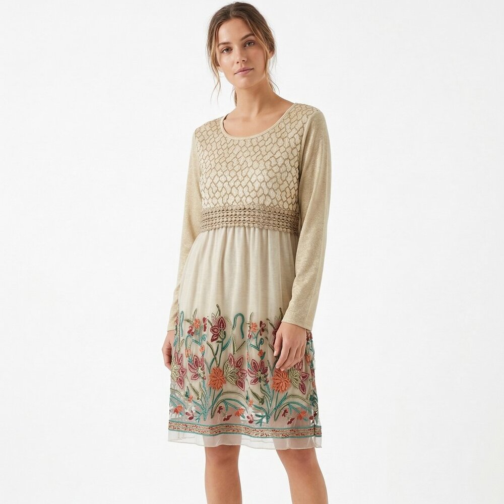 Simply Couture Cream Embroidered Long Sleeve Dress with Floral Border